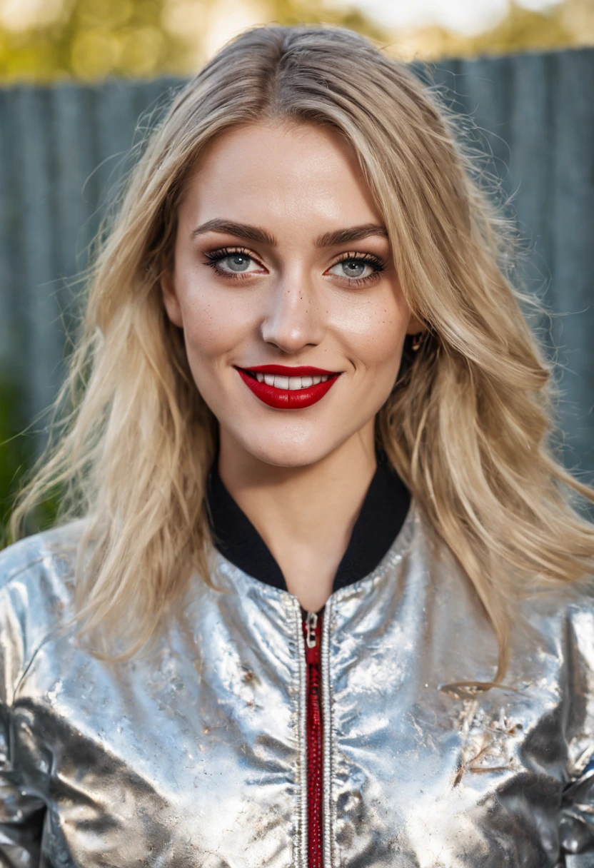 ultrarealistic high quality photo of a beautiful young busty european woman with cute face and natural blonde long straight hair and beautiful smile, realistic eyes, freckles, glossy red lips, smokey eyes makeup, casual clothes with foil bomber jacket, mugshot outdoor photography, posing in the backyard