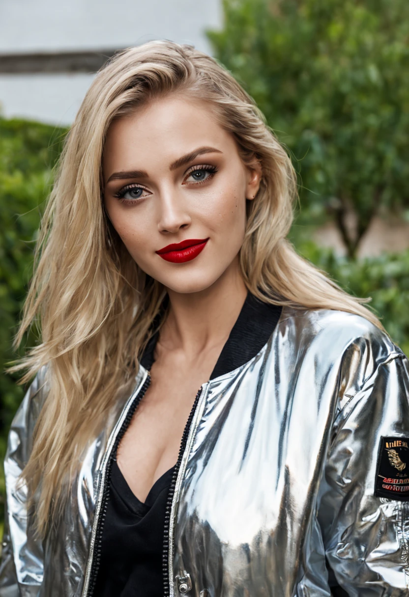 ultrarealistic high quality photo of a beautiful young busty european woman with cute face and natural blonde long straight hair and beautiful smile, realistic eyes, freckles, glossy red lips, smokey eyes makeup, casual clothes with foil bomber jacket, mugshot outdoor photography, posing in the backyard