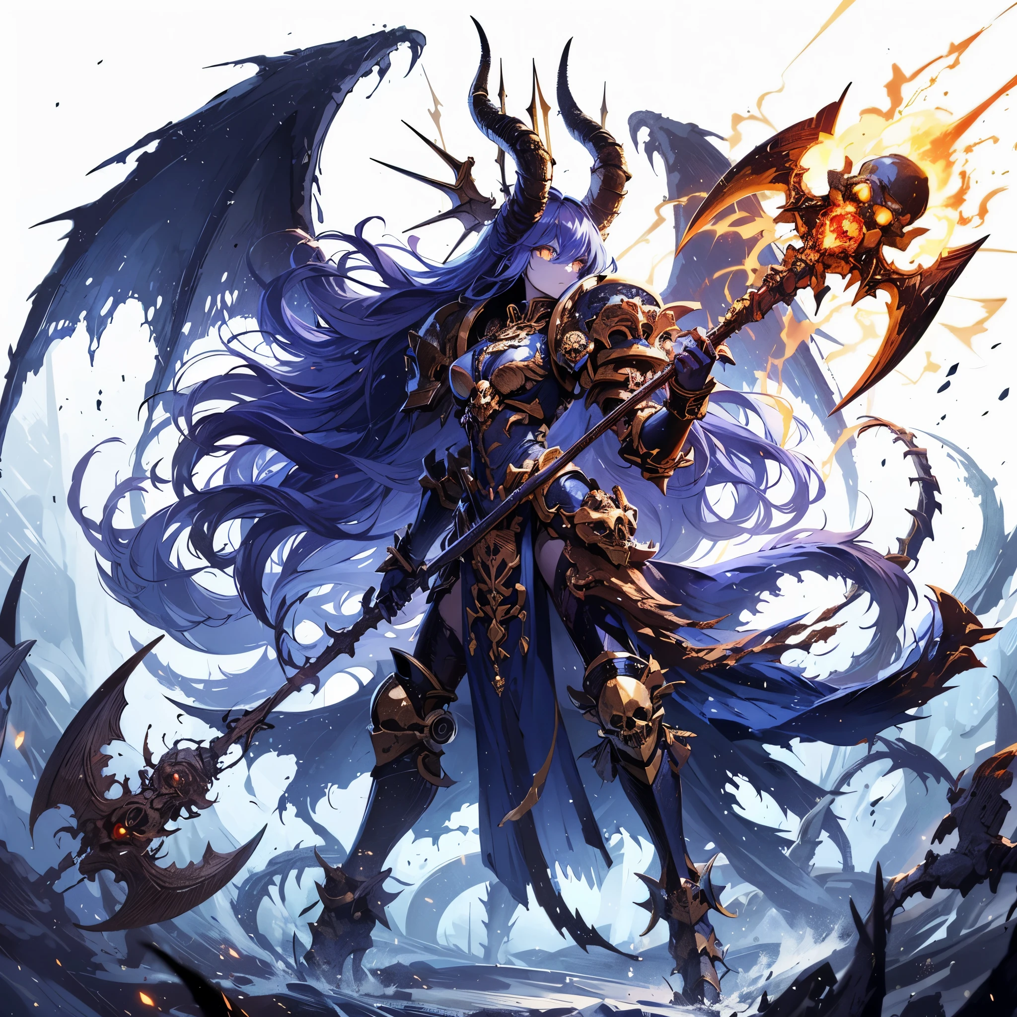 Masterpiece, best quality, ultra-detailed, anime style, full body of Chaos Demon girl, midnight blue and brass power armor, bone motif, held huge glaive, clawed and tailed, supernatural Lightning and flame, ((winged skull symbol)), war hammer 40K, 8k high resolution, trending art station, white background, whole body, standing in storm Night.
