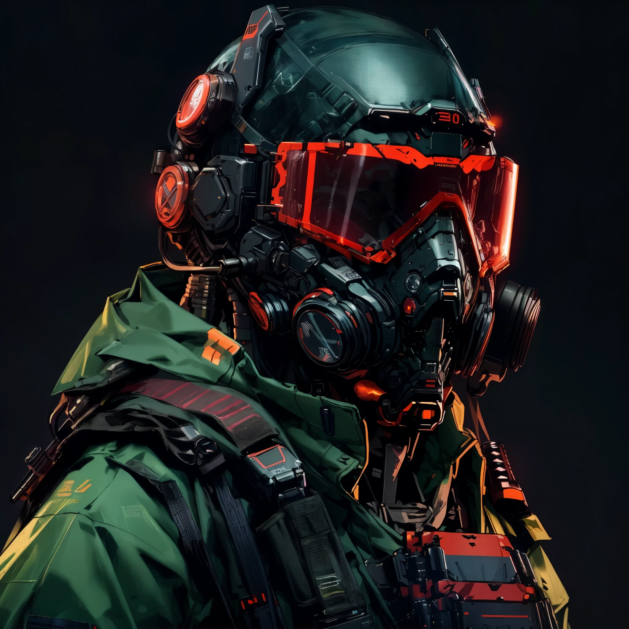 Close-up of a man wearing a gas mask and goggles, cyberpunk soldier, futuristic soldier, sci-fi soldier, neon operator, Surreal cyberpunk style, Future combat equipment, Wearing tactical armor, special ops mask, Specifications - Action Head with Mask, Future technology clothing, Cyberpunk Emperor, Cyberpunk style, cyberpunk techwear, Comes with futuristic gear and helmet