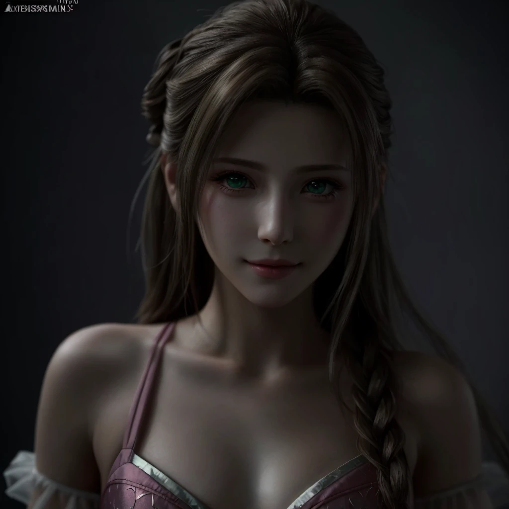 "AERITH" (best quality,4k,highres,masterpiece:1.2),ultra-detailed,realistic,portrait,Aerith,[Final Fantasy 7 Remake],beautiful detailed eyes,perfect face,detailed lips,symmetry,delicate face,delicate body,perfect body,physically-based rendering,vivid colors,studio lighting,green eyes,soft features,gentle expression,flowing hair,sparkling eyes,flawless skin,gorgeous,ethereal atmosphere,subtle makeup,beautifully rendered,textured clothing,graceful pose,aesthetically pleasing,bokeh, expressão sorrindo 