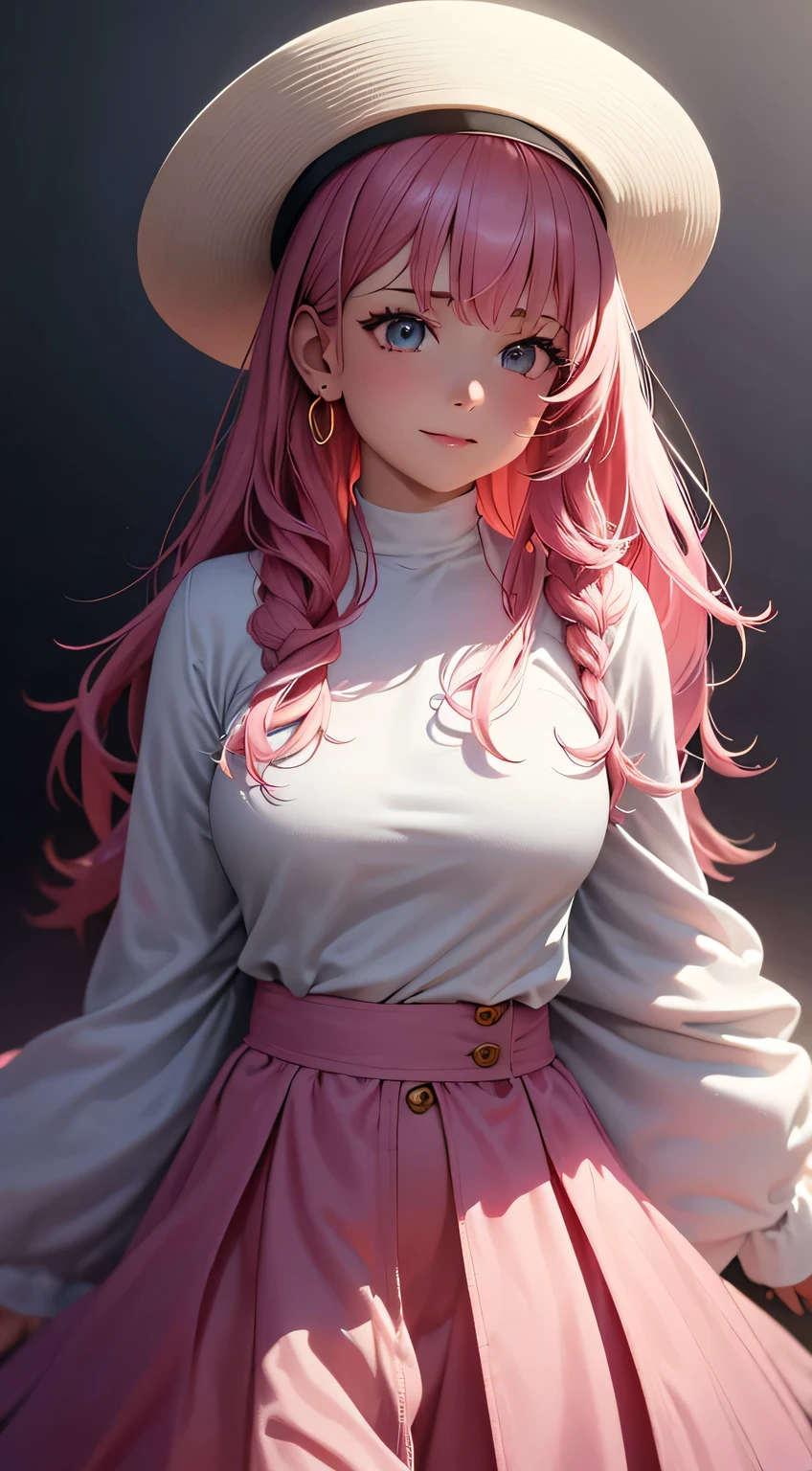 (best quality:1.5, highres, UHD, 4K, detailed lighting, shaders), white wavy hair, gradient hair, large breasts, pink shirt, pink skirt jeans, mature woman , pink Witcher hat, (pov), white background, colorful red eyeshadow, dramatic lighting, smile eyepression, golden earrings, flowing hair, delicate facial features, dark skin, high cheekbones, white background, stand up, lean forward, full body