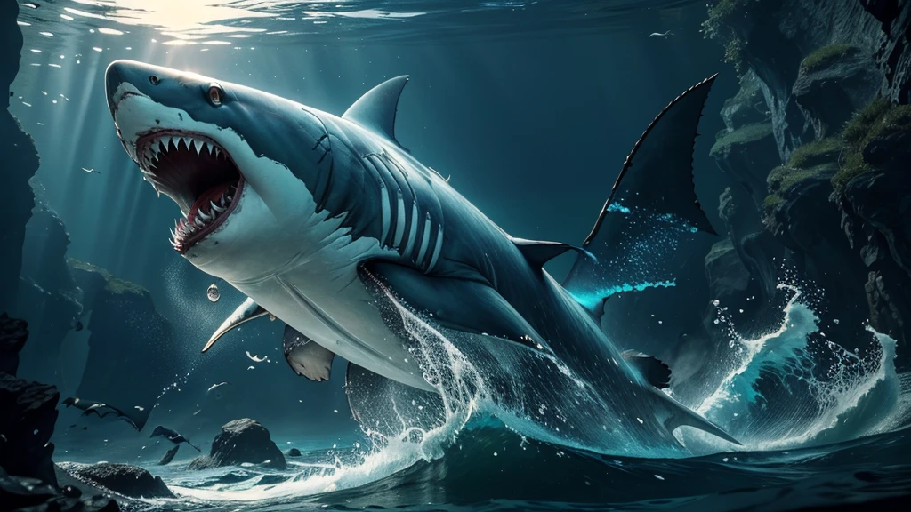 (best quality,4k,8k,highres,masterpiece:1.2),ultra-detailed,realistic:1.37,a fierce great white shark,underwater scene,oceanic predator,sharp teeth,aggressive eyes,rippling muscles,swift and powerful,thrashing water,shimmering scales,ominous presence,diver in danger,thrilling encounter,dramatic lighting,dynamic composition,vivid colors,intense atmosphere,deep blue hues,mysterious depths,unpredictable movement,sense of urgency,sudden attack,adrenaline rush,heart-pounding moment,perilous situation,submerged suspense,awe-inspiring nature,wild and untamed,beauty in danger,iconic and terrifying,powerful and majestic,awe-struck spectators,silhouette against the sun,awe-inspiring beauty,awe-inspiring tempest,underwater terror