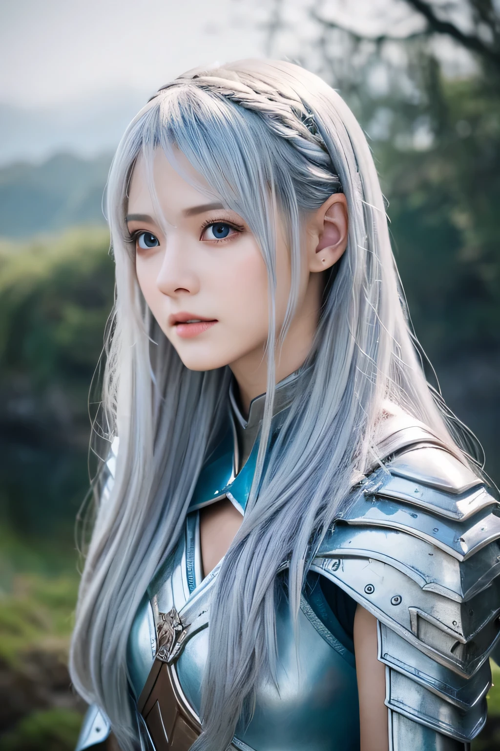 brunette-like silver hair、beautiful scenery、wounded warrior、fantasy、Costume with attention to detail in calm colors、Mature costume、great atmosphere、highest quality、genuine、（faded texture）、In 8K、fine skin、young half、18-year-old、Super detailed、High resolution、professional lighting、