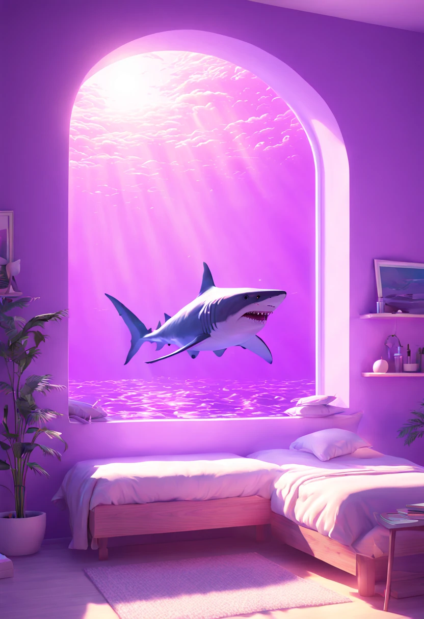 a shark, sunlight, surrealistic, Ethereal, whimsical, purple theme, by Alena Aenami, octane render, intricate, (best quality, masterpiece, Representative work, official art, Professional, 8k wallpaper)