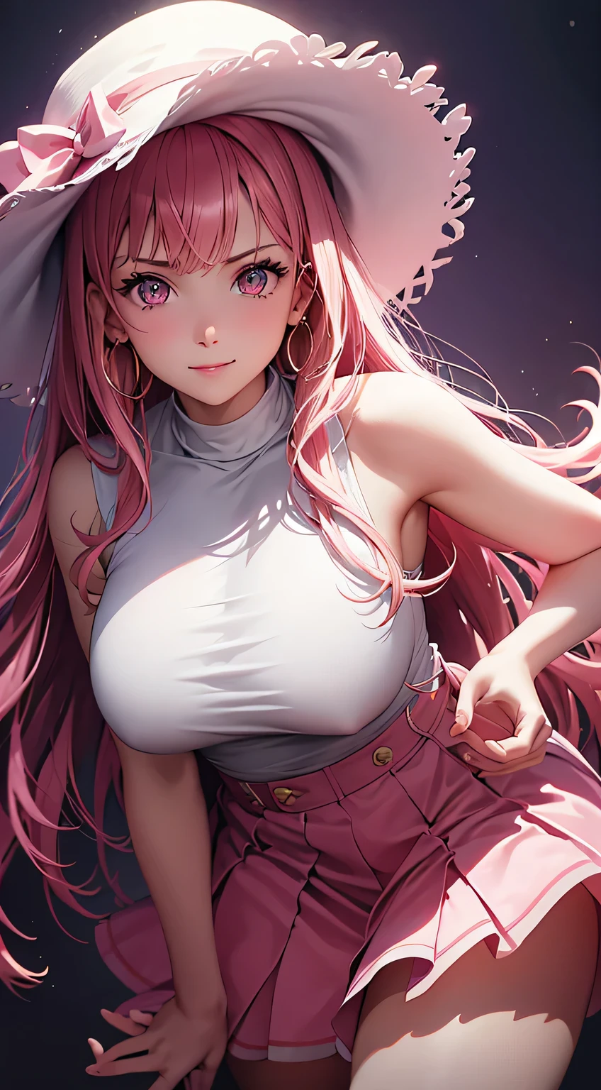 (best quality:1.5, highres, UHD, 4K, detailed lighting, shaders), white wavy hair, gradient hair, large breasts, pink shirt, pink skirt jeans, mature woman , pink Witcher hat, (pov), white background, colorful red eyeshadow, dramatic lighting, smile eyepression, golden earrings, flowing hair, delicate facial features, dark skin, high cheekbones, white background, stand up, lean forward, full body