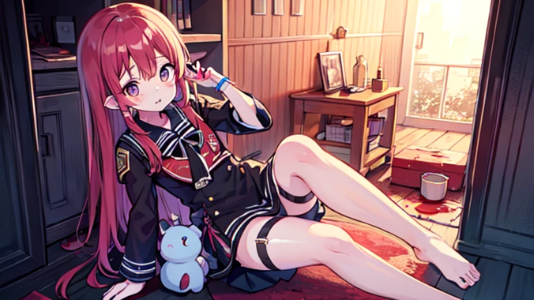 淡蓝色的瞳孔，Sick，穿着裙子的软妹子，Alone, a girl, (yandere), knelt on the ground, with a knife in one hand, her eyes were dull, her eyes were dull, her heart was dying, her life was hopeless, her spirit was distracted, her pupils were dilated, and her pupils had no obvious bloody pupils. She was covered in blood, barefoot, and blood spilled all over the floor, and her clothes were red with blood.