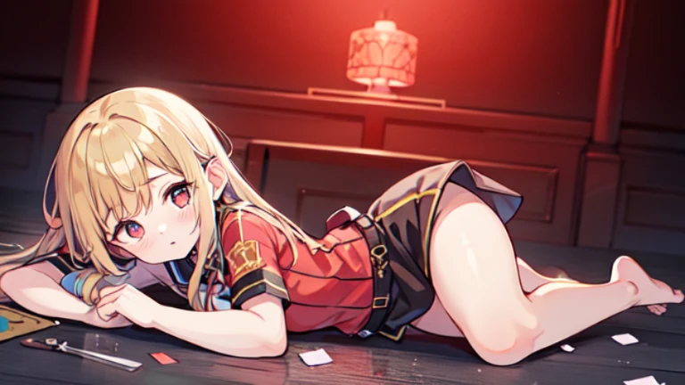 淡蓝色的瞳孔，Sick，穿着裙子的软妹子，Alone, a girl, (yandere), knelt on the ground, with a knife in one hand, her eyes were dull, her eyes were dull, her heart was dying, her life was hopeless, her spirit was distracted, her pupils were dilated, and her pupils had no obvious bloody pupils. She was covered in blood, barefoot, and blood spilled all over the floor, and her clothes were red with blood.