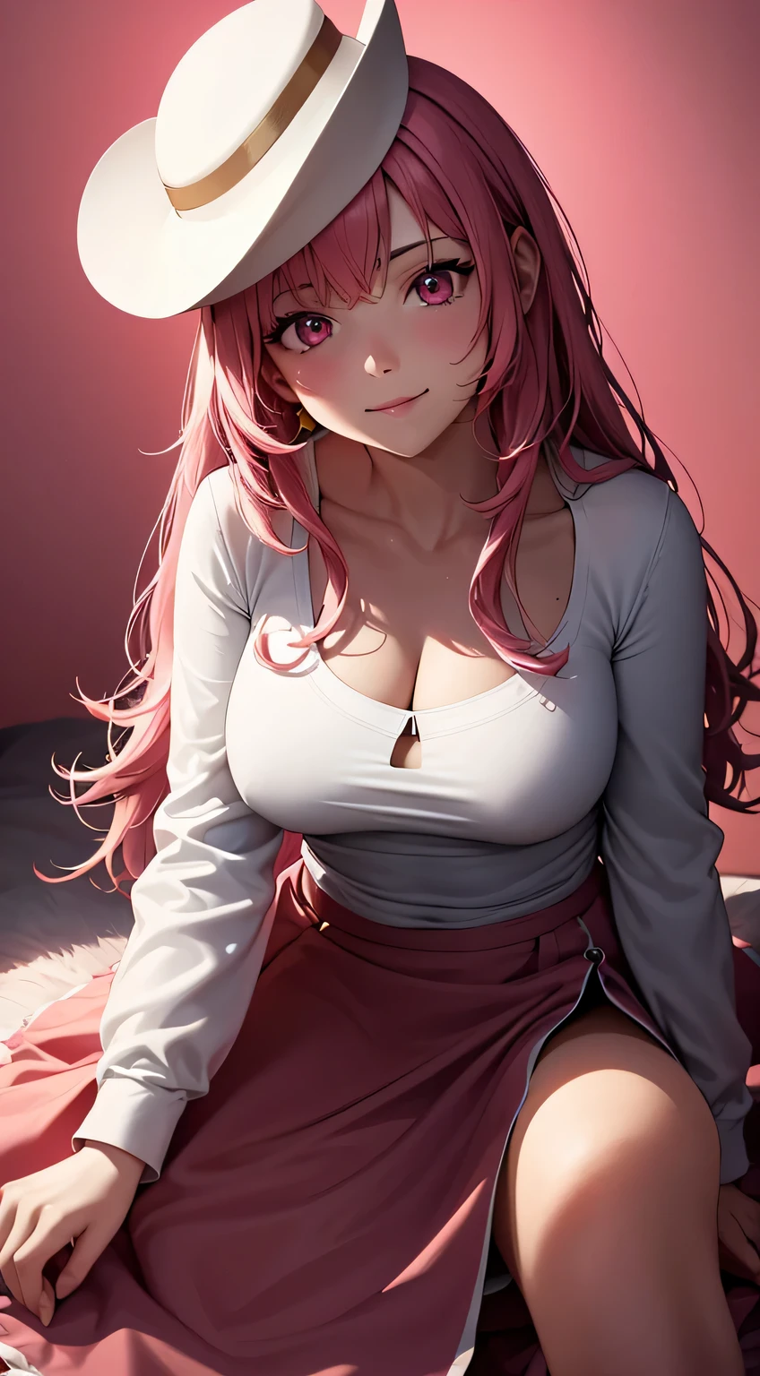 Sexy woman, eyes closed, mouth open, very deep blush, tip of the nose is red, long neck, off shoulder pink sweater, medium chest, visible cleavage, bedroom, warm lighting ,in bed