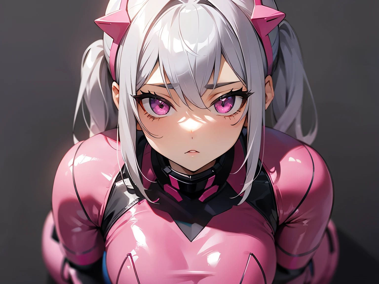 gray hair　Pink mesh color　pink eyes　rubber suit　beautiful girl