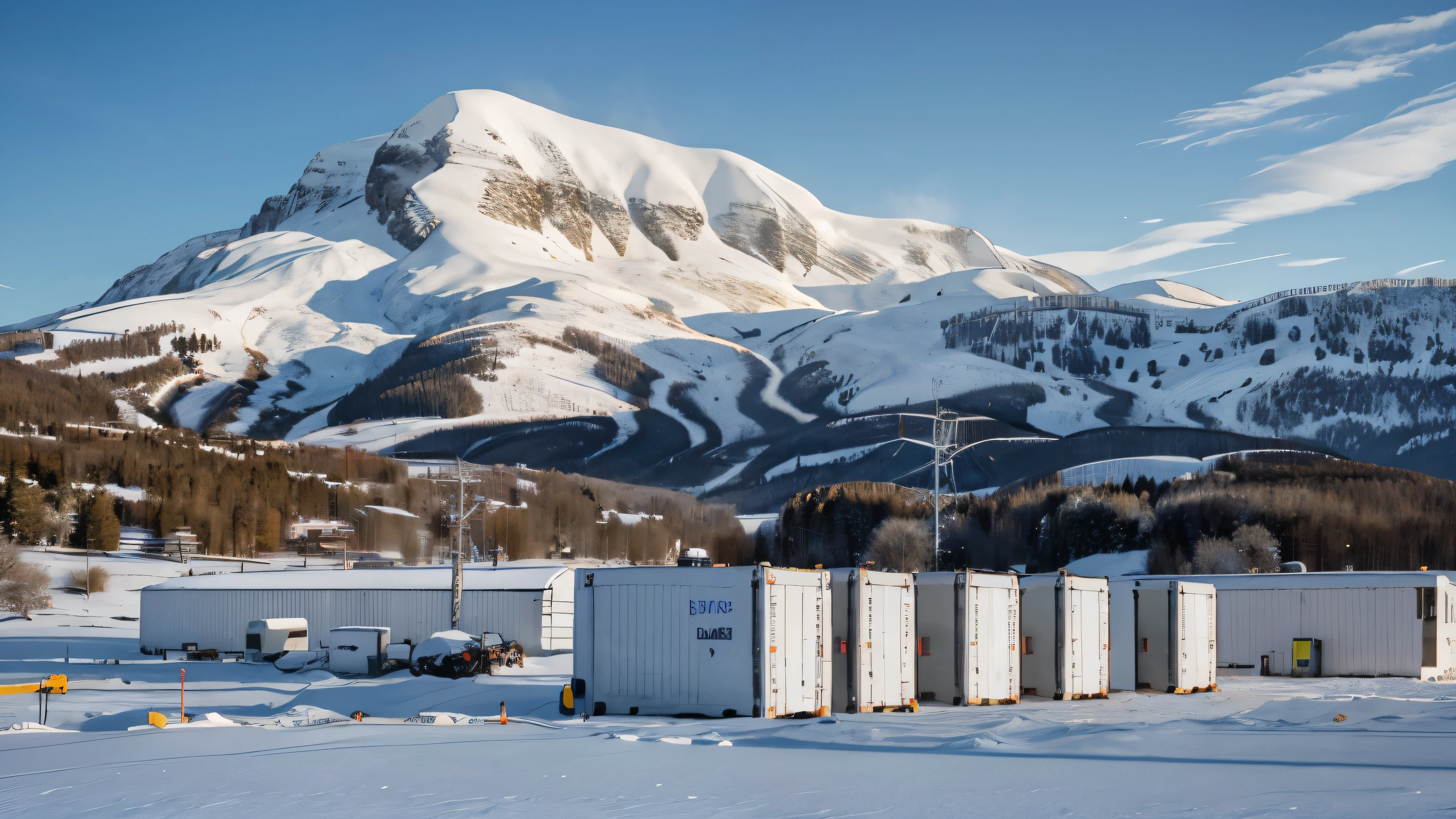 several Battery Energy storage system ( in 20 ft white color containers) in greener ground. in the background mountains with peak covered in snow. solar panels, high voltage power line and wind turbines also visible in the background. highly realistic