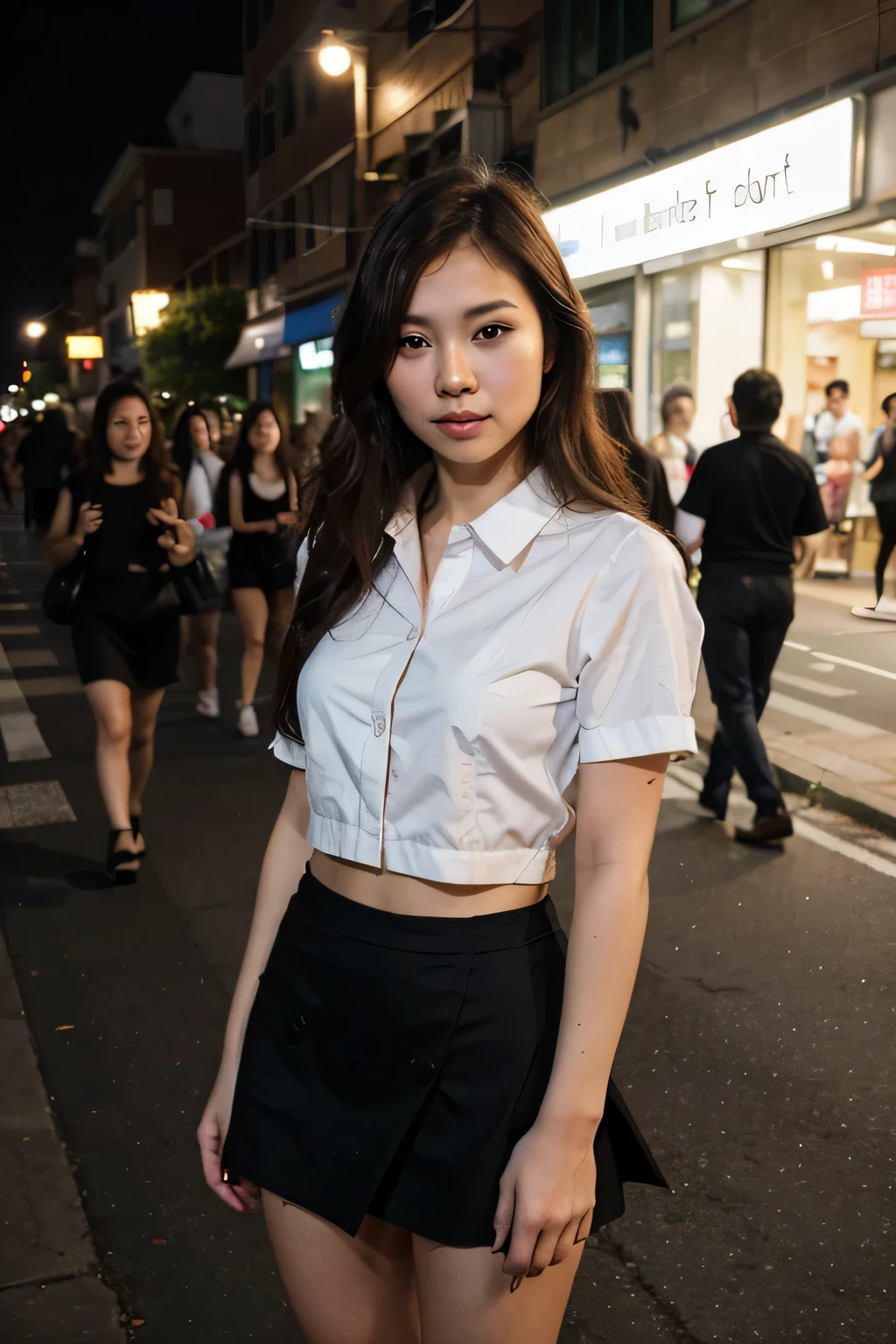 full body shots, Realistic HD Thai Japanese 30 year old woman. Realistic complex skin details., natural light,Wear work clothes, White shirt with sheer lace. black short skirt high-heels Showing the night scene in the studio Give light to the face pokemon background, Night Street Light, overhead light ring,Realistic photos, Bright, surreal, high-resolution images Photos from the camera are realistic and sharp.. 