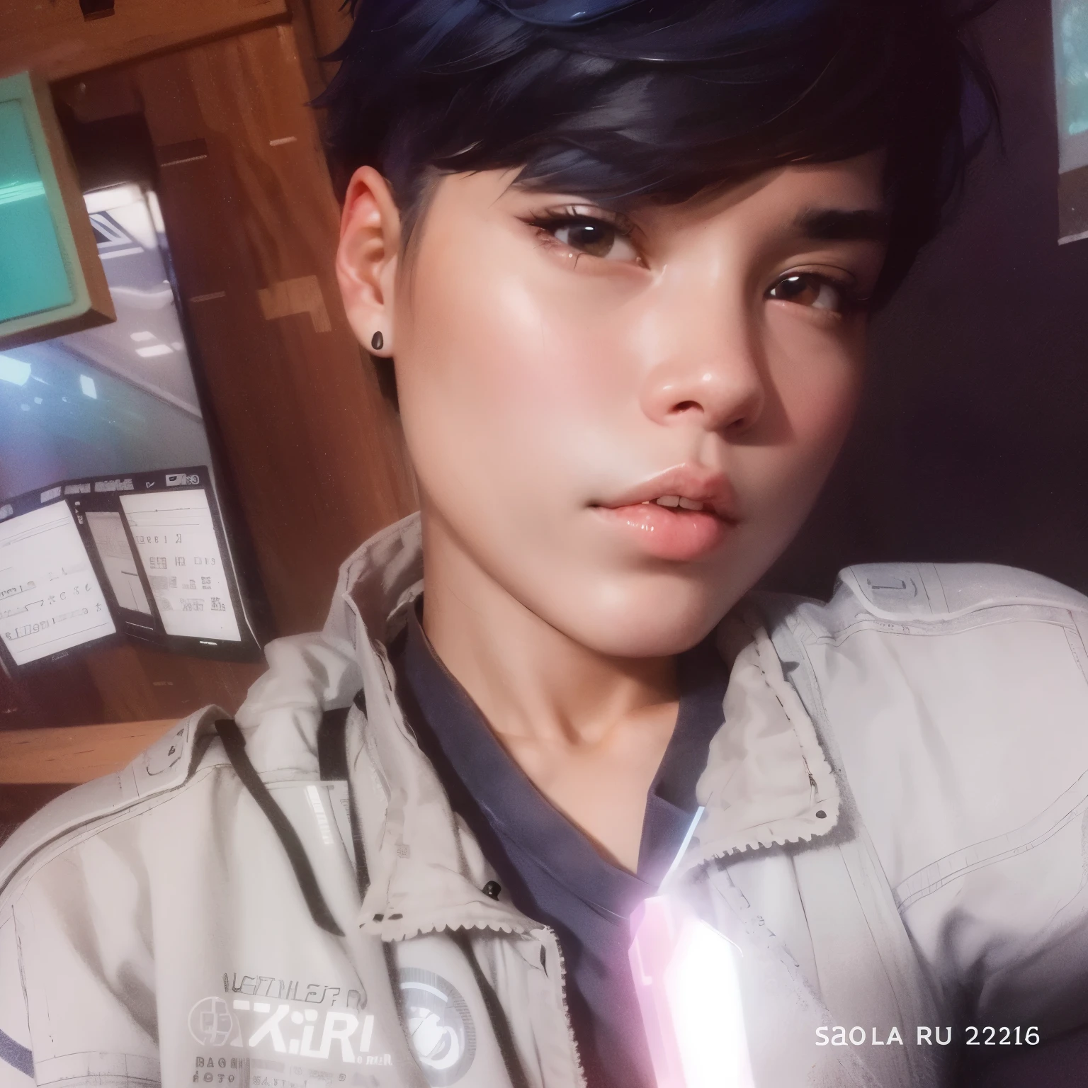 A robot girl named Saki with short blue hair, very pretty, 23 years old, with a robot body