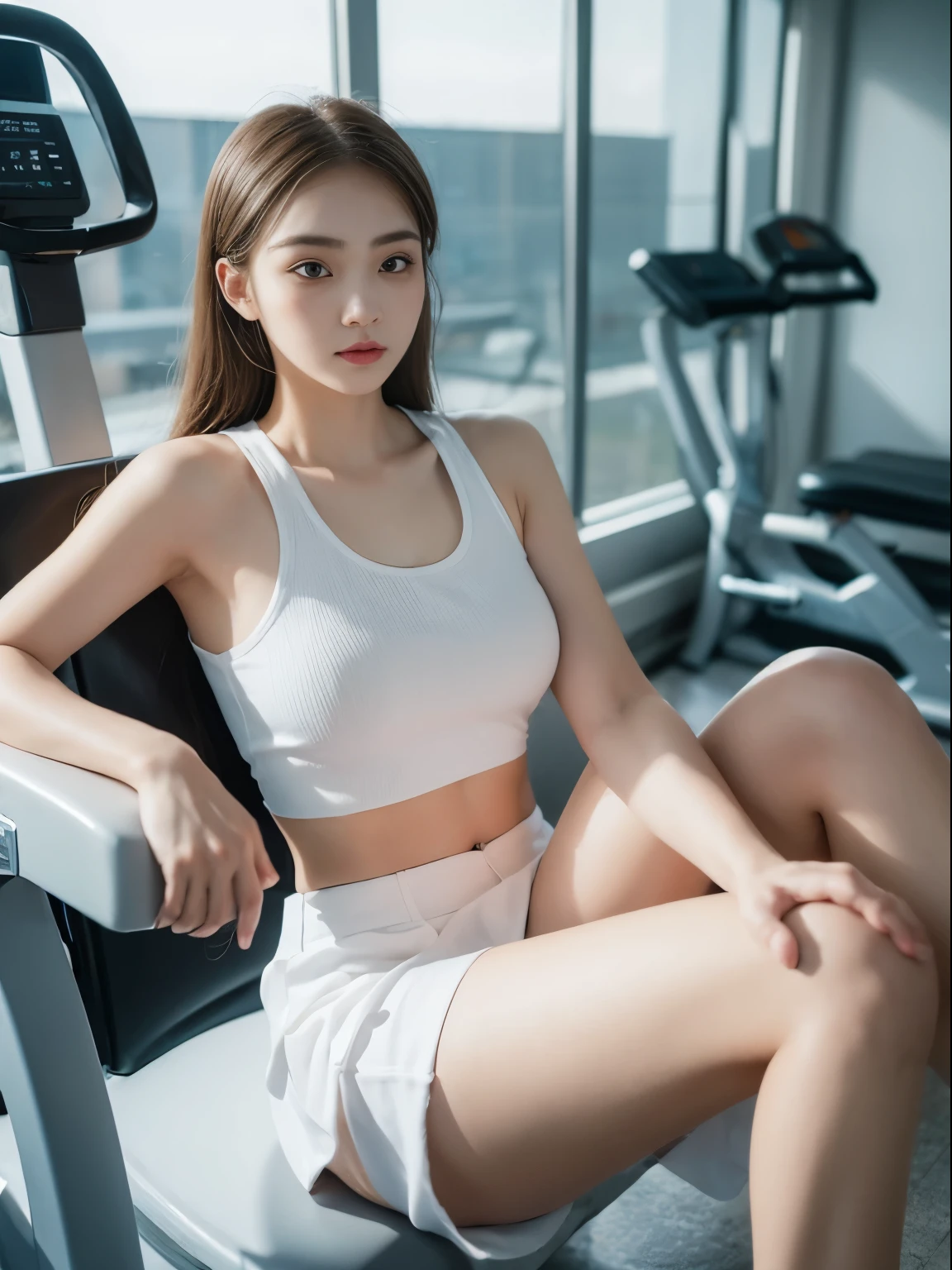 (girl:1.6),(roller:russian doll:0.3),(roller:TaiwanDoll:0.3),(highest quality, 8K, masterpiece:1.3), focus 1.2, perfect body beauty: 1.4, Highly detailed face and skin texture, fine eyes, double eyelid, Whitening skin, long hair, (round face: 1.5), Fitness Equipment, running machine, arm force machine, sit-ups exercise, short skirt, Crunch, translucent panties