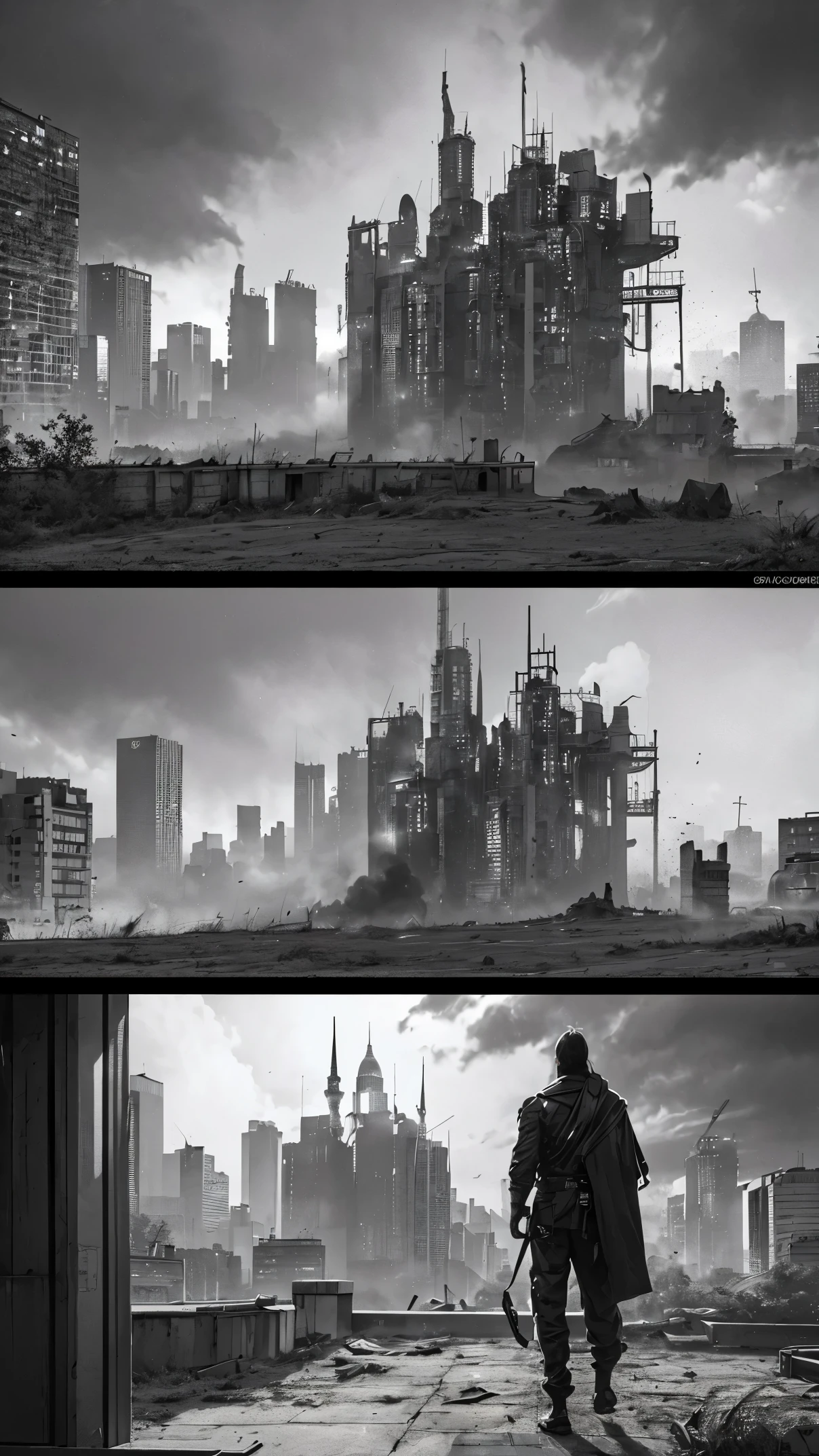 best quality,4k,8k,highres,masterpiece:1.2,ultra-detailed,realistic:1.37,post-apocalyptic manga city scenery,cyberpunk art style,dystopian future,desolate ruins,grim atmosphere,dilapidated buildings,overgrown vegetation,crumbling infrastructure,dark and moody lighting,abandoned vehicles,lonely streets,ominous skies,neon lights,glowing holograms,fallen billboards,destroyed landmarks,mysterious figures in the shadows,hauntingly beautiful,unforgettable imagery,emotional impact,detailed backgrounds,action-packed scenes,majestic cityscape,impressive architectural design,expressive characters,imposing mecha,explosions and smoke,futuristic technology,visually stunning,rich color palette,vivid hues,contrasting shades,sharp contrasts,emphasis on depth and perspective,cinematic composition,intricate line work,meticulous attention to detail,eye-catching visuals,immersive visualization,a captivating story unfolding through images.