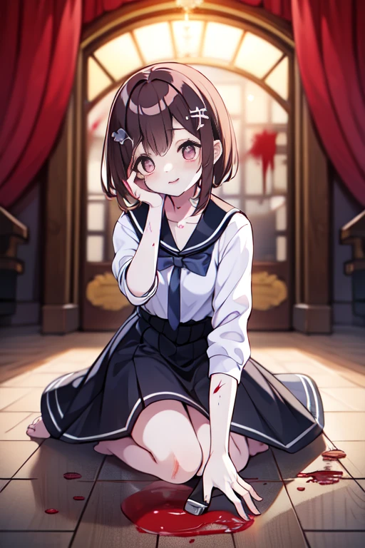 淡蓝色的瞳孔,Sick,穿着裙子的软妹子,Alone, a girl, (yandere), knelt on the ground, with a knife in one hand, her eyes were dull, her eyes were dull, her heart was dying, her life was hopeless, her spirit was distracted, her pupils were dilated, and her pupils had no obvious bloody pupils. She was covered in blood, barefoot, and blood spilled all over the floor, and her clothes were red with blood.