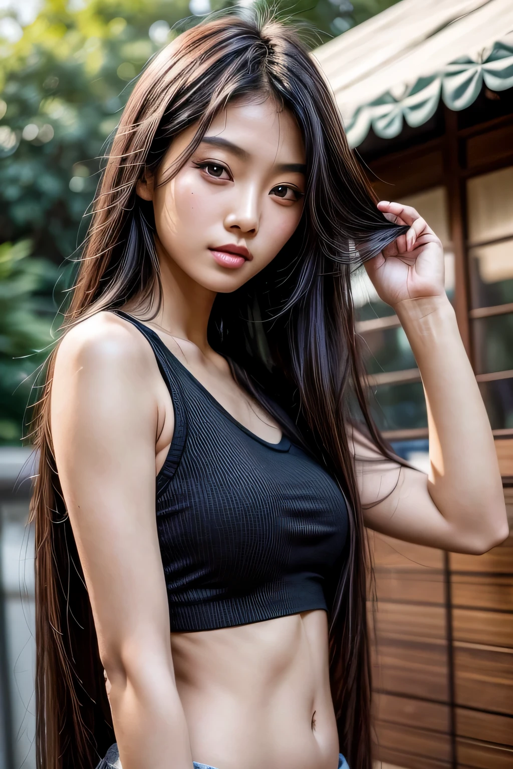 arafed asian woman with long hair and black top posing for a picture, asian girl with long hair, young asian girl, photo of slim girl model, gorgeous young korean woman, beautiful asian girl, a young asian woman, beautiful young korean woman, japanese model, beautiful south korean woman, 2 4 year old female model, korean girl, young asian woman