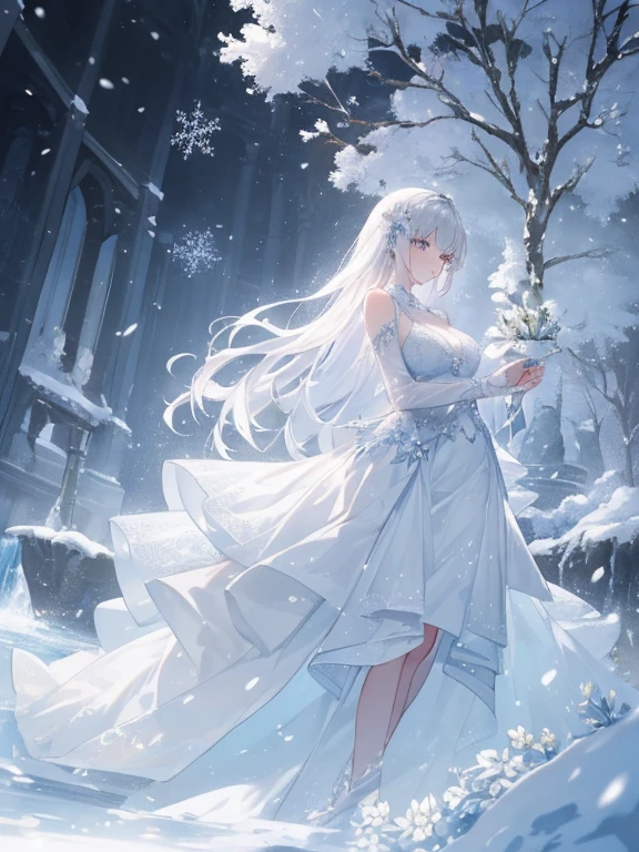 Paradise in Heaven, White lighting,(muste piece), (best quality), (cinematic), 8K, (art station),(長いwhite hairとSilvery eyesを持つ1人の女), (beautiful delicate face)、[Frozen trees々], [landscape crystal], [lighting], [Ethereal Atmosphere:1.1], [fantasy, short story] ,[soft なlighting] 、(+cinematic shot:1.2)、 [+art station] 、[+luminous white background] 、 [soft glow] 、(Creative and dynamic angles:1.3), [+Crystal Toning] 、muste piece, very detailed, Super detailed, solo, (pale skin), Silvery eyes, white hair, (snow background), (snowflake rosen flower:1.0), (shining crystal), (Snowy ground), (White lashes), sexy woman、dreamy and detailed, Gorgeous setting, 妖しい雰囲気 muste piece, The most beautiful scenes, majestic、(((full of white flowers)))、quiet and serene atmosphere、attractive, all white tones,Inside the crystal library,Transparent flowers and falling snow，Many white roses are planted,(water flowing,waterfall,water bloom),The decoration is also carefully done.,dream（very detailedです，creative design，crisp and precise lines，K HD，best quality，master piece，超High resolution，In 4K）、Diverse poses、((beautiful white flower hair ornament))、beautiful hairstyle、(best quality, In 4K, 8K, High resolution, muste piece:1.2), Super detailed, detailed expression, graceful posture, expressive brush strokes, mysterious atmosphere, artistic interpretation,Delicate floral jewelry， (((Detailed design、beautiful lace transparent dress、see-through small dress)))、(SFW:1.5), (oversized breasts, best body proportions, proportions of large breasts,:1.5),(white decoration on thigh)、((Beautiful crystal accessories on the legs))。((Beautiful crystal accessories on the arm))