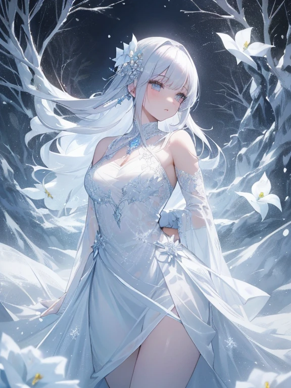 Paradise in Heaven, White lighting,(muste piece), (best quality), (cinematic), 8K, (art station),(長いwhite hairとSilvery eyesを持つ1人の女), (beautiful delicate face)、[Frozen trees々], [landscape crystal], [lighting], [Ethereal Atmosphere:1.1], [fantasy, short story] ,[soft なlighting] 、(+cinematic shot:1.2)、 [+art station] 、[+luminous white background] 、 [soft glow] 、(Creative and dynamic angles:1.3), [+Crystal Toning] 、muste piece, very detailed, Super detailed, solo, (pale skin), Silvery eyes, white hair, (snow background), (snowflake rosen flower:1.0), (shining crystal), (Snowy ground), (White lashes), sexy woman、dreamy and detailed, Gorgeous setting, 妖しい雰囲気 muste piece, The most beautiful scenes, majestic、(((full of white flowers)))、quiet and serene atmosphere、attractive, all white tones,Inside the crystal library,Transparent flowers and falling snow，Many white roses are planted,(water flowing,waterfall,water bloom),The decoration is also carefully done.,dream（very detailedです，creative design，crisp and precise lines，K HD，best quality，master piece，超High resolution，In 4K）、Diverse poses、((beautiful white flower hair ornament))、beautiful hairstyle、(best quality, In 4K, 8K, High resolution, muste piece:1.2), Super detailed, detailed expression, graceful posture, expressive brush strokes, mysterious atmosphere, artistic interpretation,Delicate floral jewelry， (((Detailed design、beautiful lace transparent dress、see-through small dress)))、(SFW:1.5), (oversized breasts, best body proportions, proportions of large breasts,:1.5),(white decoration on thigh)、((Beautiful crystal accessories on the legs))。((Beautiful crystal accessories on the arm))