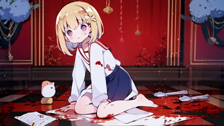 淡蓝色的瞳孔，Sick，穿着裙子的软妹子，Alone, a girl, (yandere), knelt on the ground, with a knife in one hand, her eyes were dull, her eyes were dull, her heart was dying, her life was hopeless, her spirit was distracted, her pupils were dilated, and her pupils had no obvious bloody pupils. She was covered in blood, barefoot, and blood spilled all over the floor, and her clothes were red with blood.