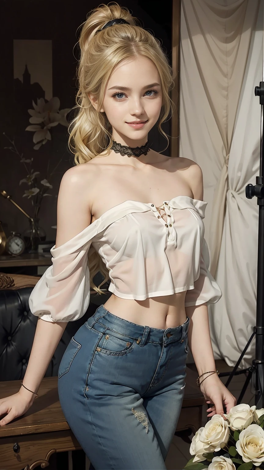 22 year old white female、hair color is blonde、eye color is blue、long hair、setting hair、Have a ponytail、accessories on wrist、I&#39;m wearing a choker、skin is smooth、smile、Slender but muscular body、My heart is pounding、high resolution、Skin is shiny、Wearing a lace off-shoulder top、I'm wearing pants、I&#39;m wearing pumps、In front of Horizont in the photo studio、Flowers are arranged in a vase on a narrow medieval table.