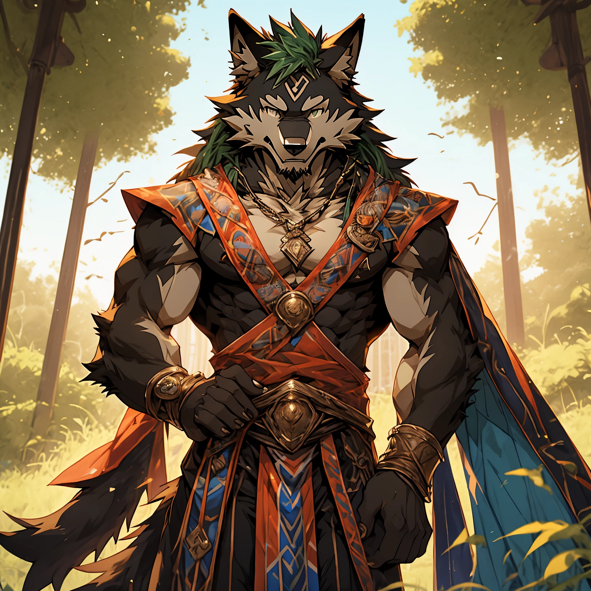 Tall and mighty male black wolf,Leaning next to a big tree,Dark green hair all over body,Point the sword into the distance,Beautiful views around,Youth-oriented,hairy body
