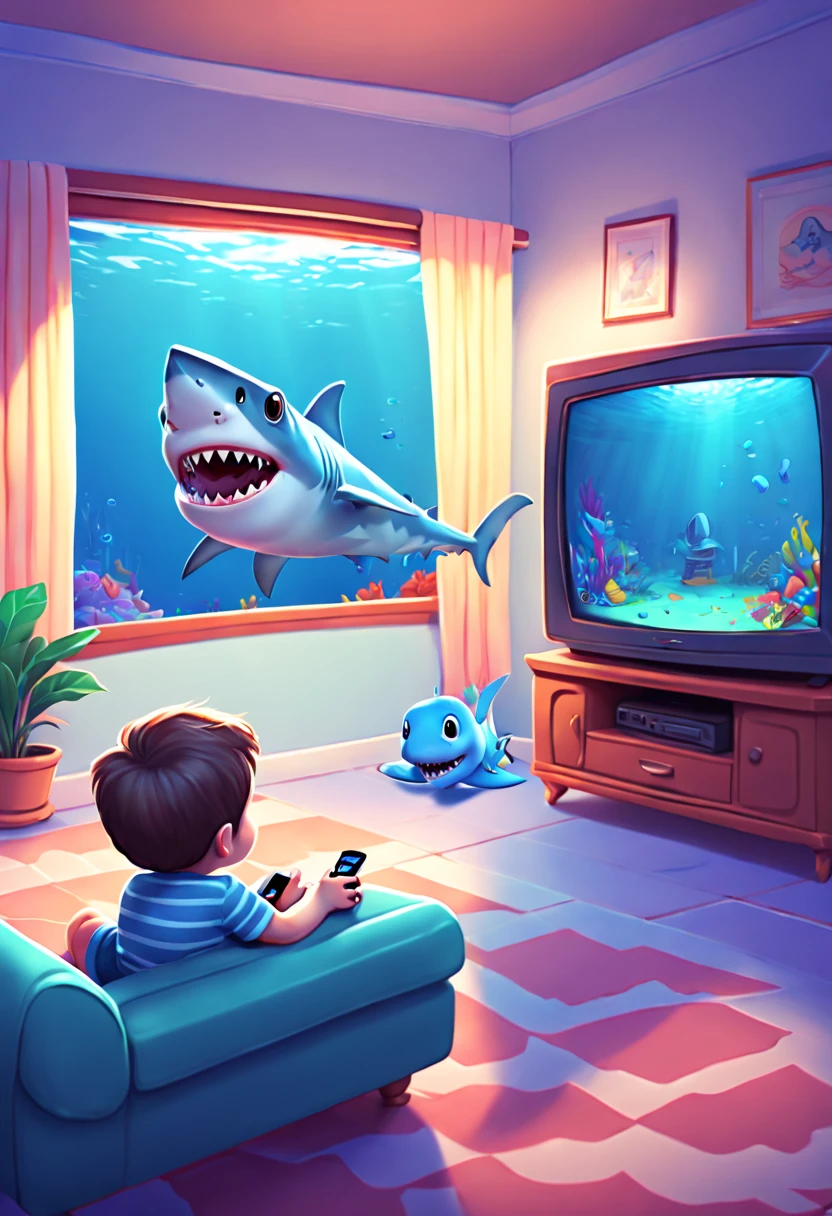 cartoon style, a (shark_cub) with nightcap, underwater living room, television show, chibi, best quality, masterpiece, 8k