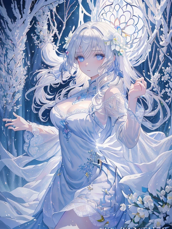 (Paradise in Heaven), White lighting,(muste piece), (best quality), (cinematic), 8K, (art station),(長いwhite hairとSilvery eyesを持つ1人の女), (beautiful delicate face)、[Frozen trees々], [landscape crystal], [lighting], [Ethereal Atmosphere:1.1], [fantasy, short story] ,[soft なlighting] 、(+cinematic shot:1.2)、 [+art station] 、[+luminous white background] 、 [soft glow] 、(Creative and dynamic angles:1.3), [+Crystal Toning] 、muste piece, very detailed, Super detailed, solo, (pale skin), Silvery eyes, white hair, (snow background), (snowflake rosen flower:1.5), (shining crystal), (Snowy ground), (White lashes), sexy woman、dreamy and detailed, Gorgeous setting, 妖しい雰囲気 muste piece, The most beautiful scenes, majestic、(((full of white flowers)))、quiet and serene atmosphere、attractive, all white tones,Inside the crystal library,Transparent flowers and falling snow，Many white roses are planted,(water flowing,waterfall,water bloom),The decoration is also carefully done.,dream（very detailedです，creative design，crisp and precise lines，K HD，best quality，master piece，超High resolution，In 4K）、Diverse poses、((beautiful white flower hair ornament))、beautiful hairstyle、(best quality, In 4K, 8K, High resolution, muste piece:1.2), Super detailed, detailed expression, graceful posture, expressive brush strokes, mysterious atmosphere, artistic interpretation,Delicate floral jewelry， (((Detailed design、Beautiful transparent dress made of thin fabric、Sheer mini dress that shows off your skin)))、(SFW:1.5), (oversized breasts, best body proportions, proportions of large breasts,:1.5)
