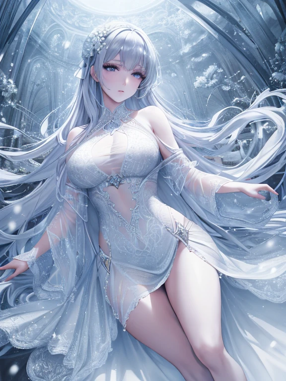Paradise in Heaven, White lighting,(muste piece), (best quality), (cinematic), 8K, (art station),(長いwhite hairとSilvery eyesを持つ1人の女), (beautiful delicate face)、[Frozen trees々], [landscape crystal], [lighting], [Ethereal Atmosphere:1.1], [fantasy, short story] ,[soft なlighting] 、(+cinematic shot:1.2)、 [+art station] 、[+luminous white background] 、 [soft glow] 、(Creative and dynamic angles:1.3), [+Crystal Toning] 、muste piece, very detailed, Super detailed, solo, (pale skin), Silvery eyes, white hair, (snow background), (snowflake rosen flower:1.0), (shining crystal), (Snowy ground), (White lashes), sexy woman、dreamy and detailed, Gorgeous setting, 妖しい雰囲気 muste piece, The most beautiful scenes, majestic、(((full of white flowers)))、quiet and serene atmosphere、attractive, all white tones,Inside the crystal library,Transparent flowers and falling snow，Many white roses are planted,(water flowing,waterfall,water bloom),The decoration is also carefully done.,dream（very detailedです，creative design，crisp and precise lines，K HD，best quality，master piece，超High resolution，In 4K）、Diverse poses、((beautiful white flower hair ornament))、beautiful hairstyle、(best quality, In 4K, 8K, High resolution, muste piece:1.2), Super detailed, detailed expression, graceful posture, expressive brush strokes, mysterious atmosphere, artistic interpretation,Delicate floral jewelry， (((Detailed design、beautiful lace transparent dress、see-through small dress)))、(SFW:1.5), (oversized breasts, best body proportions, proportions of large breasts,:1.5),(white decoration on thigh)、((Beautiful crystal accessories on the legs))。((Beautiful crystal accessories on the arm))