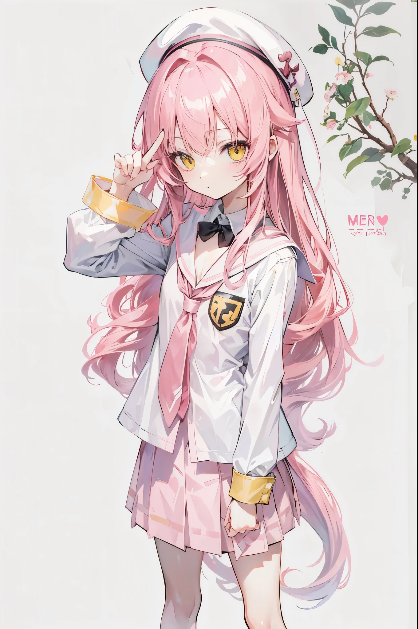 cute anime girl with long pink hair and yellow eyes, small chest size, loli short height, slim body, wearing school uniform and white beret. no background