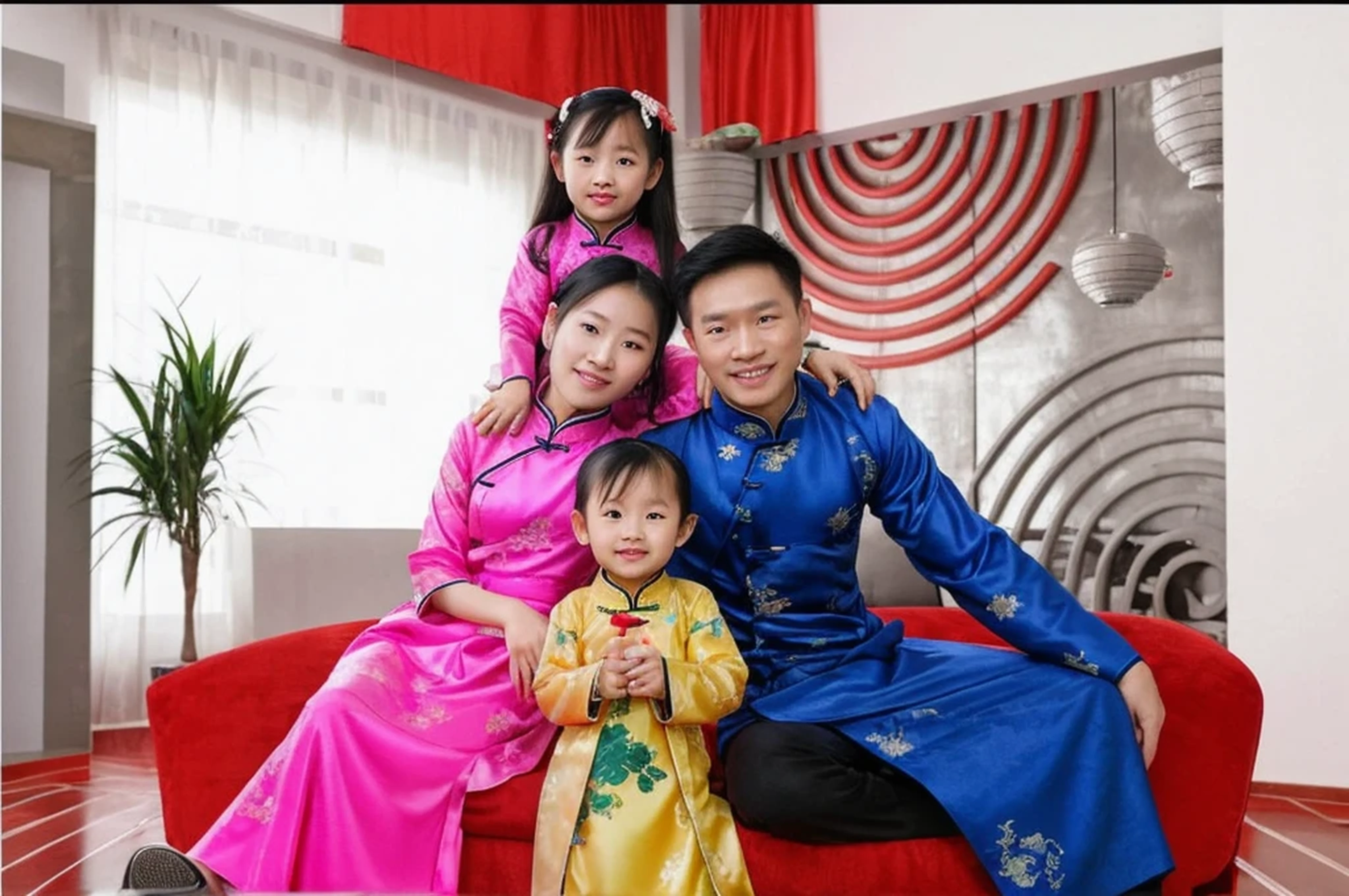 famille arafed assise sur un canapé rouge dans un salon, aodai, dans le style de Lam Manh, Hoang Long Ly, Famille heureuse, écoute-moi en série, Dang My Linh, couteau dans le, couverture, par l'Travaux de'art Hoàng Tuong, Phuoc Quan, Visite de Hoàng, Porter une robe bleue Qipao
