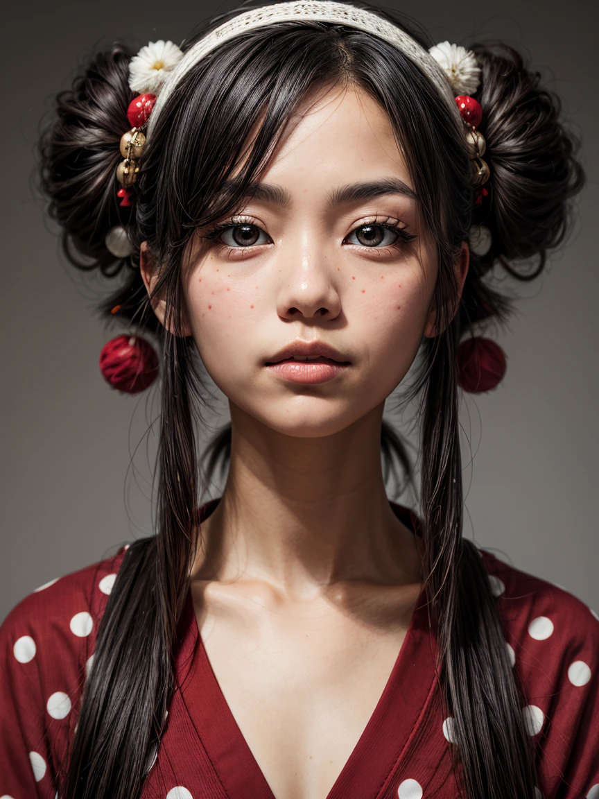 an abstract portrait of a japanese girl centered around polka dot theme
