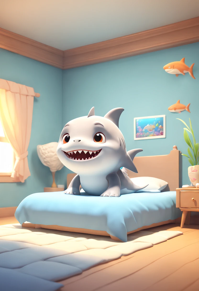 cartoon style, a (shark_cub) on bed, underwater house, television in room, chibi, best quality, masterpiece, 8k