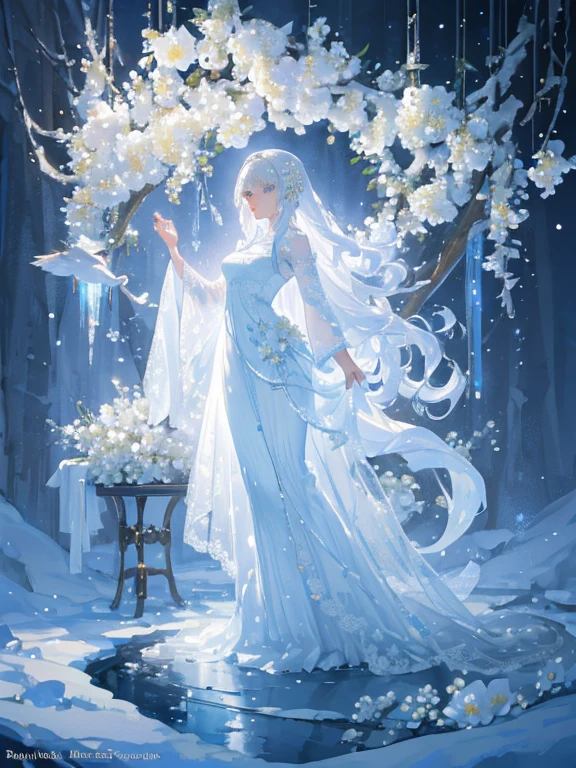 Paradise in Heaven, White lighting,(muste piece), (best quality), (cinematic), 8K, (art station),(長いwhite hairとSilvery eyesを持つ1人の女), (beautiful delicate face)、[Frozen trees々], [landscape crystal], [lighting], [Ethereal Atmosphere:1.1], [fantasy, short story] ,[soft なlighting] 、(+cinematic shot:1.2)、 [+art station] 、[+luminous white background] 、 [soft glow] 、(Creative and dynamic angles:1.3), [+Crystal Toning] 、muste piece, very detailed, Super detailed, solo, (pale skin), Silvery eyes, white hair, (snow background), (snowflake rosen flower:1.0), (shining crystal), (Snowy ground), (White lashes), sexy woman、dreamy and detailed, Gorgeous setting, 妖しい雰囲気 muste piece, The most beautiful scenes, majestic、(((full of white flowers)))、quiet and serene atmosphere、attractive, all white tones,Inside the crystal library,Transparent flowers and falling snow，Many white roses are planted,(water flowing,waterfall,water bloom),The decoration is also carefully done.,dream（very detailedです，creative design，crisp and precise lines，K HD，best quality，master piece，超High resolution，In 4K）、Diverse poses、((beautiful white flower hair ornament))、beautiful hairstyle、(best quality, In 4K, 8K, High resolution, muste piece:1.2), Super detailed, detailed expression, graceful posture, expressive brush strokes, mysterious atmosphere, artistic interpretation,Delicate floral jewelry， (((Detailed design、beautiful lace transparent dress、Transparent sexy dress)))、(SFW:1.5), (oversized breasts, best body proportions, proportions of large breasts,:1.5),(white decoration on thigh)、((Beautiful crystal accessories on the legs))。((Beautiful crystal accessories on the arm))