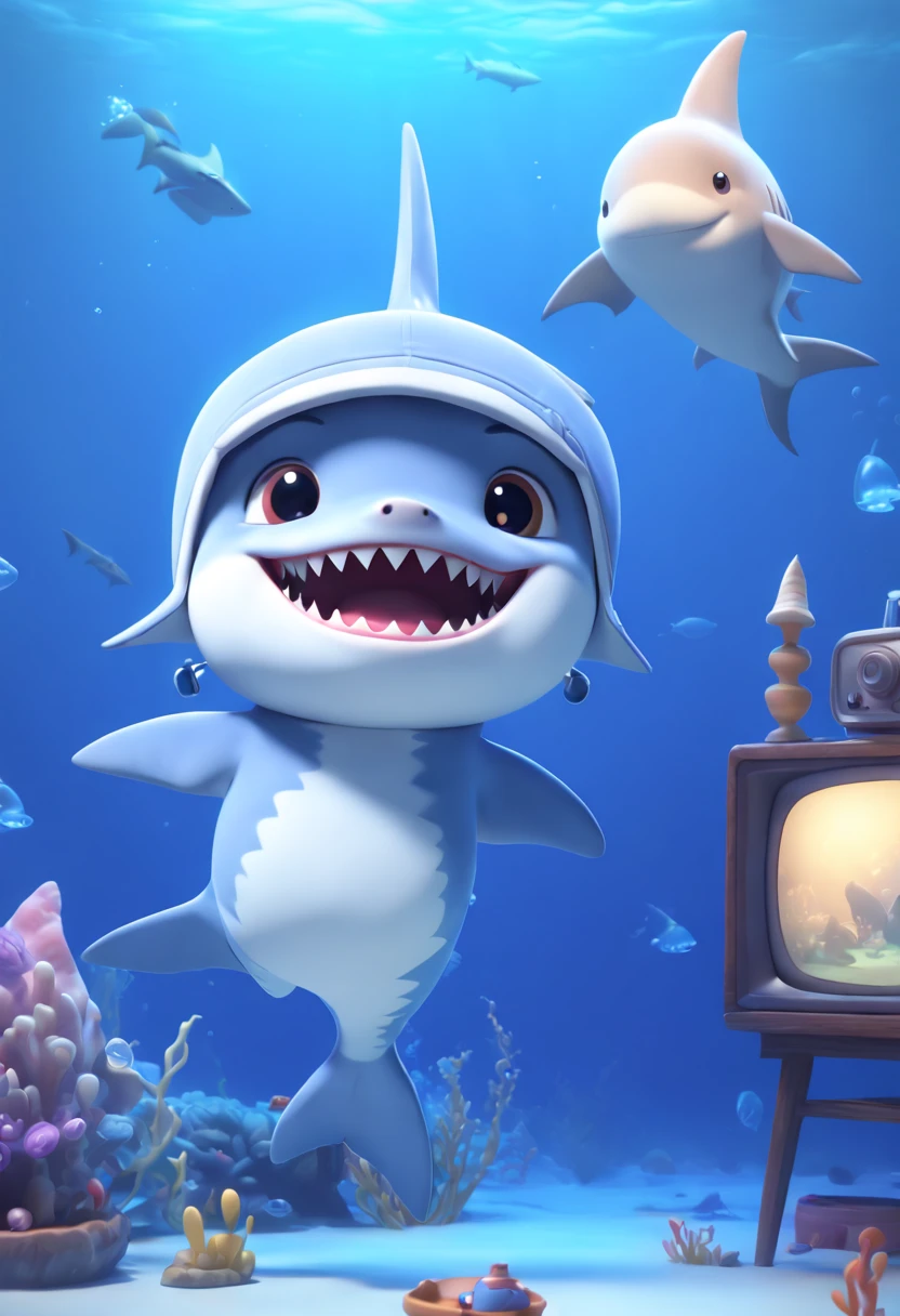 cartoon style, a (shark_cub) with nightcap, underwater house, television show playing, chibi, best quality, masterpiece, 8k