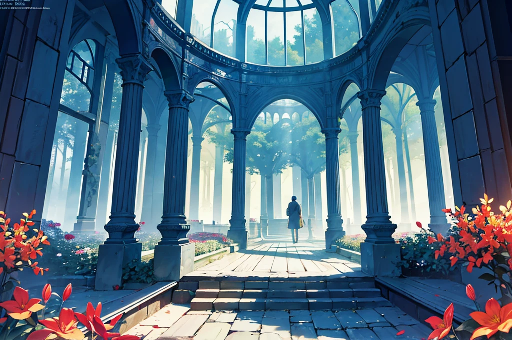 masterpiece, best quality,ultra-detailed, fine detailed, 8k, scenery, landscape, no humans, wide shot, breathtaking sights, Spectacular views, starry sky, night sky, midnight sky, great forest, unexplored region, inside greenhouse with decoration, inside Intricate European Bird Cage, ancient bridge, flower garden, ruins, forest, waterfall, nature, ray tracing, refraction, cinematic lighting, fisheye lens, tyndall effect