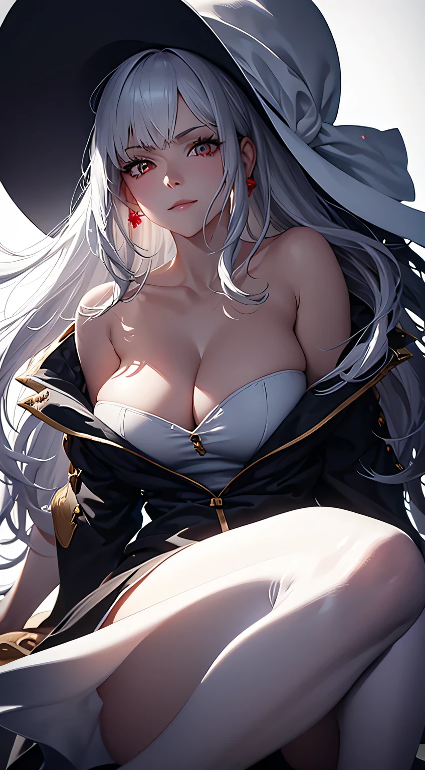 (best quality:1.5, highres, UHD, 4K, detailed lighting, shaders),black wavy hair, gradient hair, large breasts, white shirt, white skirt jeans, mature woman , white Witcher hat, (pov), white background, colorful red eyeshadow, dramatic lighting, smile eyepression, golden earrings, flowing hair, delicate facial features, dark skinned, high cheekbones, white background, stand up, lean forward, full body, black skin