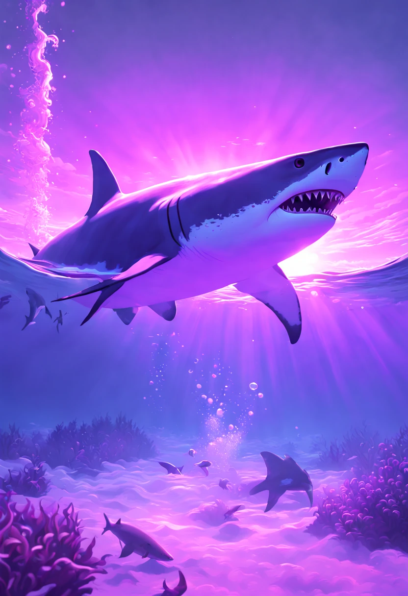 a shark, purple sunlight, Ethereal, by Alena Aenami, best quality, masterpiece, 8k