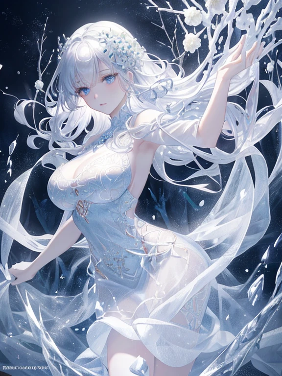 Paradise in Heaven, White lighting,(muste piece), (best quality), (cinematic), 8K, (art station),(長いwhite hairとSilvery eyesを持つ1人の女), (beautiful delicate face)、[Frozen trees々], [landscape crystal], [lighting], [Ethereal Atmosphere:1.1], [fantasy, short story] ,[soft なlighting] 、(+cinematic shot:1.2)、 [+art station] 、[+luminous white background] 、 [soft glow] 、(Creative and dynamic angles:1.3), [+Crystal Toning] 、muste piece, very detailed, Super detailed, solo, (pale skin), Silvery eyes, white hair, (snow background), (snowflake rosen flower:1.0), (shining crystal), (Snowy ground), (White lashes), sexy woman、dreamy and detailed, Gorgeous setting, 妖しい雰囲気 muste piece, The most beautiful scenes, majestic、(((full of white flowers)))、quiet and serene atmosphere、attractive, all white tones,Inside the crystal library,Transparent flowers and falling snow，Many white roses are planted,(water flowing,waterfall,water bloom),The decoration is also carefully done.,dream（very detailedです，creative design，crisp and precise lines，K HD，best quality，master piece，超High resolution，In 4K）、Diverse poses、((beautiful white flower hair ornament))、beautiful hairstyle、(best quality, In 4K, 8K, High resolution, muste piece:1.2), Super detailed, detailed expression, graceful posture, expressive brush strokes, mysterious atmosphere, artistic interpretation,Delicate floral jewelry， (((Detailed design、beautiful lace transparent dress、Transparent sexy dress)))、(SFW:1.5), (oversized breasts, best body proportions, proportions of large breasts,:1.5),(white decoration on thigh)、((Beautiful crystal accessories on the legs))。((Beautiful crystal accessories on the arm))