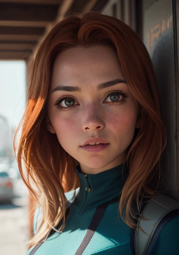 luz manchada, photo portrait of the  kim possible \(kim possible\), colorida, olhos redondos realistas, dreamy magical atmosphere, superheroine costume, (textura da pele) (Film grain), (tom quente, tom quente:1.2), fechar-se, cinematic light, side lighting, foto Ando Fuchs