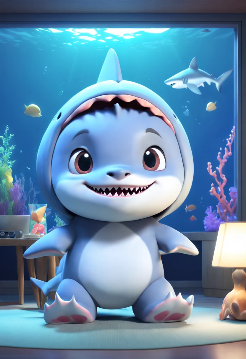 cartoon style, a (shark_cub) with nightcap, underwater living room, television show, chibi, best quality, masterpiece, 8k