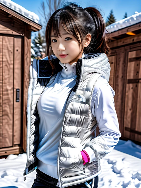 very detailed、masterpiece、Ski Resort Background、a woman in a (white down vest at northface), white jacket and black pants posing for a picture, model is wearing techtical vest, sportswear, sportswear, かわいいsportswear, nanocarbon-vest, white!!, white coat, tech wear women pictures, 2 techwear women, catalog photo, stylish coat for rave, full body photo, future inflatable jacket, Miko, Kim Woo