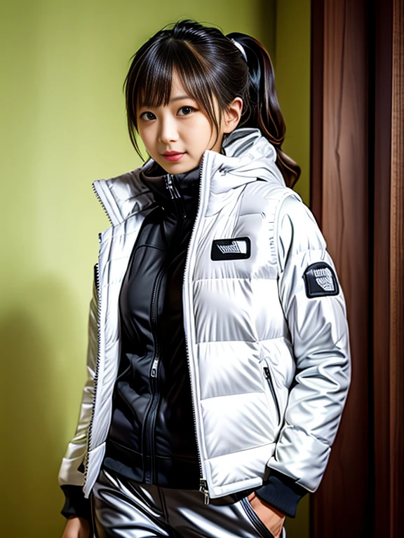very detailed、masterpiece、Ski Resort Background、a woman in a (white down vest at northface), white jacket and black pants posing for a picture, model is wearing techtical vest, sportswear, sportswear, かわいいsportswear, nanocarbon-vest, white!!, white coat, tech wear women pictures, 2 techwear women, catalog photo, stylish coat for rave, full body photo, future inflatable jacket, Miko, Kim Woo