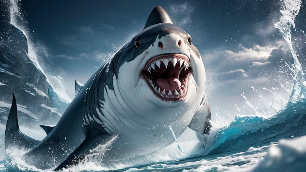 An impactful and high-quality depiction of a great white shark in an icy and snowy environment, with its mouth wide open in a frontal view. The image should showcase the best quality, with ultra-detailed and realistic features. The artwork should possess a vivid and sharp realism that highlights the texture and fine details of the great white shark's body. The color tone should emphasize the coldness and icy atmosphere of the surroundings. The lighting should be dramatic, casting deep shadows and enhancing the intense and powerful presence of the shark.