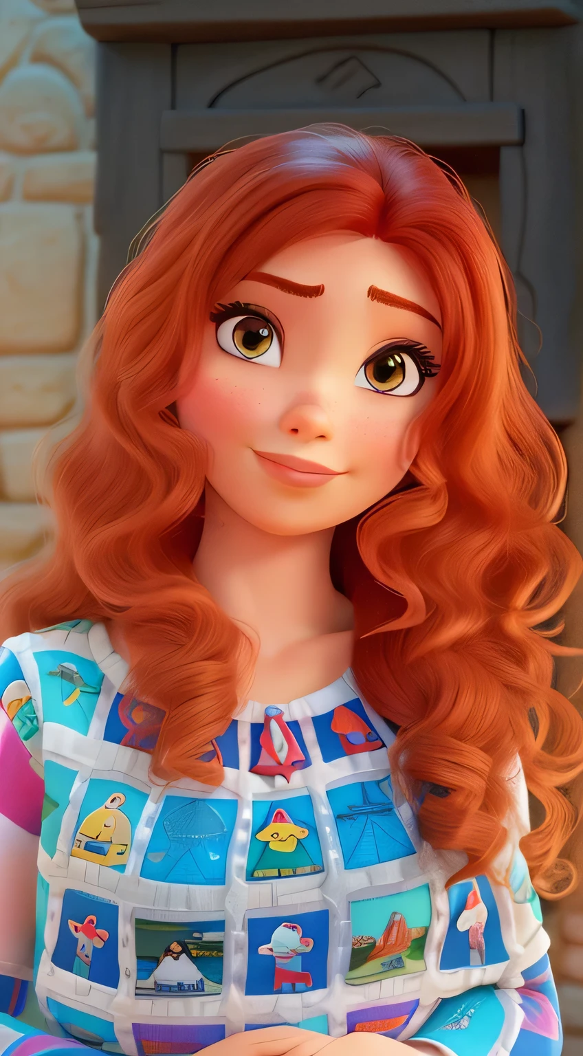 mulher ruiva cacheada no estilo pixar, dentro de um castelo, alta qualidade, High definition