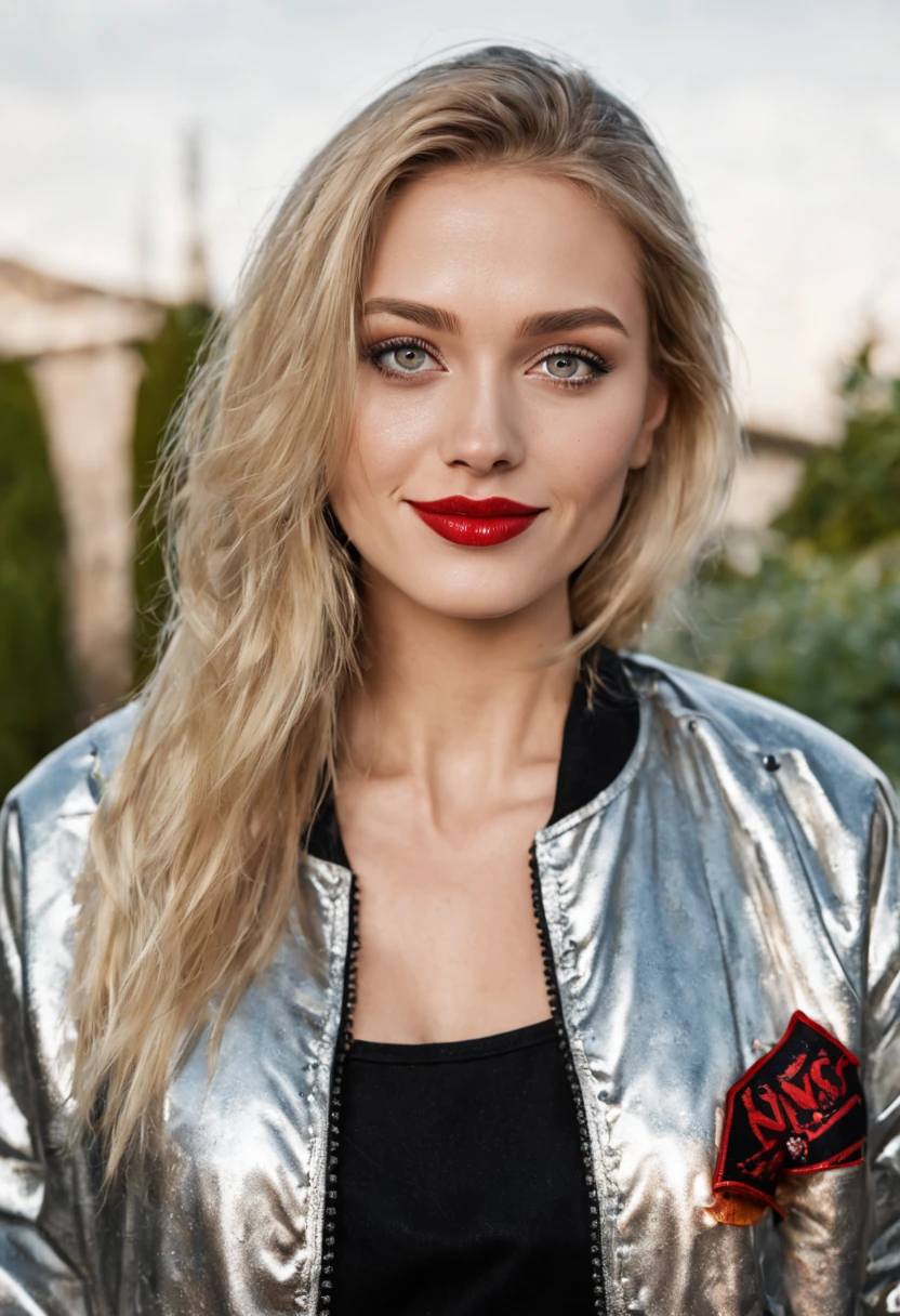 ultrarealistic high quality photo of a beautiful young busty european woman with cute face and natural blonde long straight hair and beautiful smile, realistic eyes, freckles, glossy red lips, smokey eyes makeup, casual clothes with foil bomber jacket, mugshot outdoor photography, posing in the backyard
