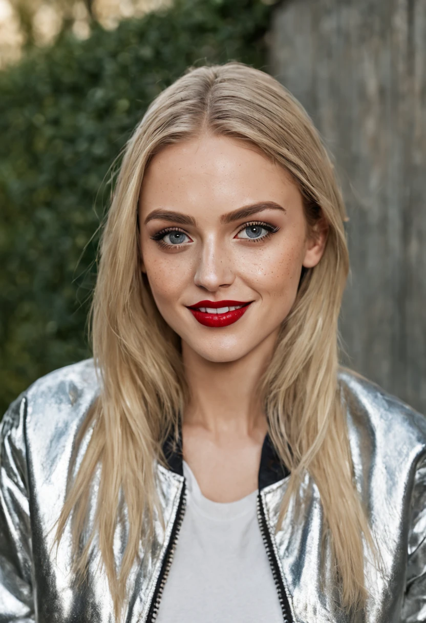 ultrarealistic high quality photo of a beautiful young busty european woman with cute face and natural blonde long straight hair and beautiful smile, realistic eyes, freckles, glossy red lips, smokey eyes makeup, casual clothes with foil bomber jacket, mugshot outdoor photography, posing in the backyard