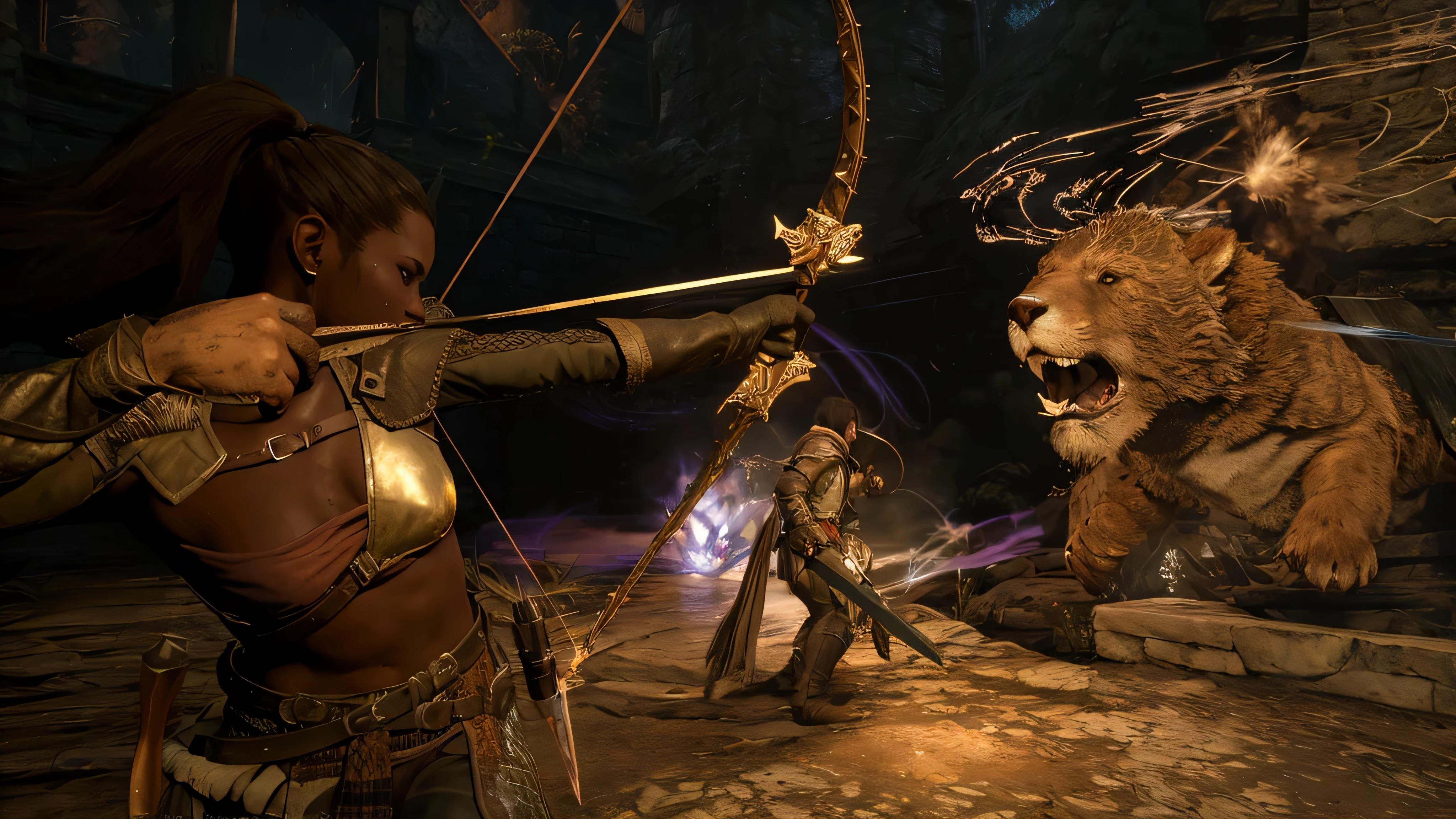 imagem arafada de uma mulher segurando um arco e um urso, Dragon's dogma, action rpg video game, captura de tela do videogame, PS 3 Captura de tela, Pergaminhos Antigos Online, telas de jogos quentes, Marcarth, do jogo de software, Captura de tela de Skyrim, cena de RPG, Jogabilidade Skyrim, captura de tela do jogo