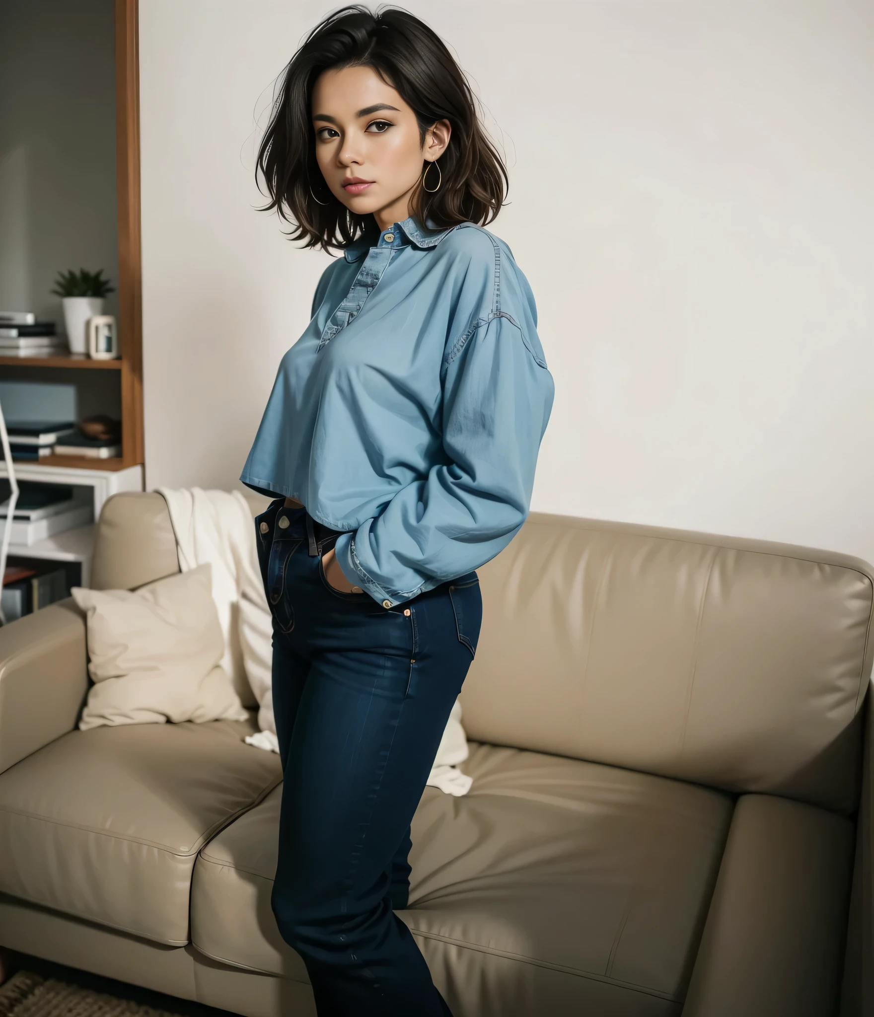 there is a woman standing in front of a sofa in a living room, vestindo uma camisa e um jeans, 1 9 8 0 mulher, wearing pants, ( ( ( wearing pants ) ) ), taken in the late 1980s, vestindo uma blusa, cerca de 3 5 anos, em seus primeiros 3 0, usando roupas casuais