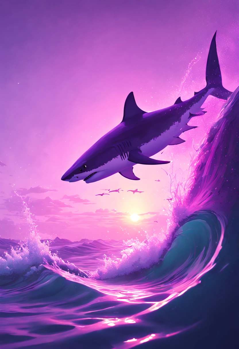 a shark, purple sunlight, Ethereal, by Alena Aenami, best quality, masterpiece, 8k